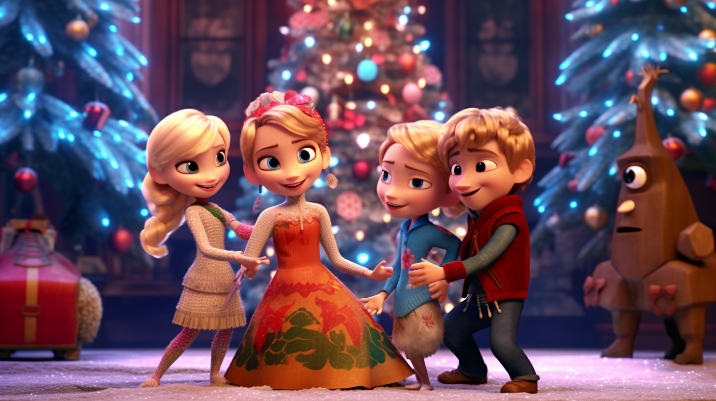 Elsa, Anna, Olaf, and Kristoff singing around a Christmas tree