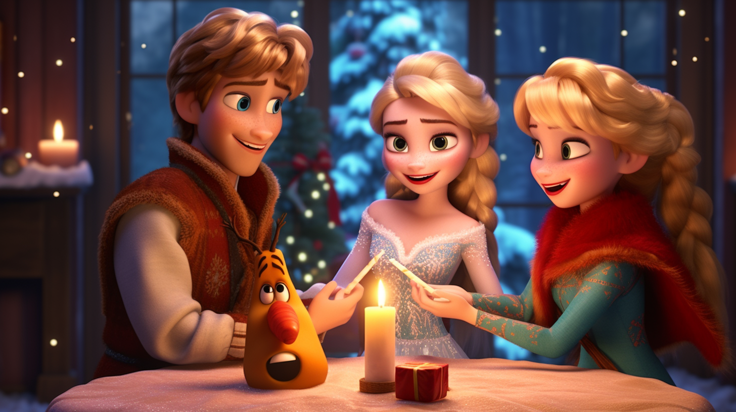 Frozen characters celebrating Christmas with gifts