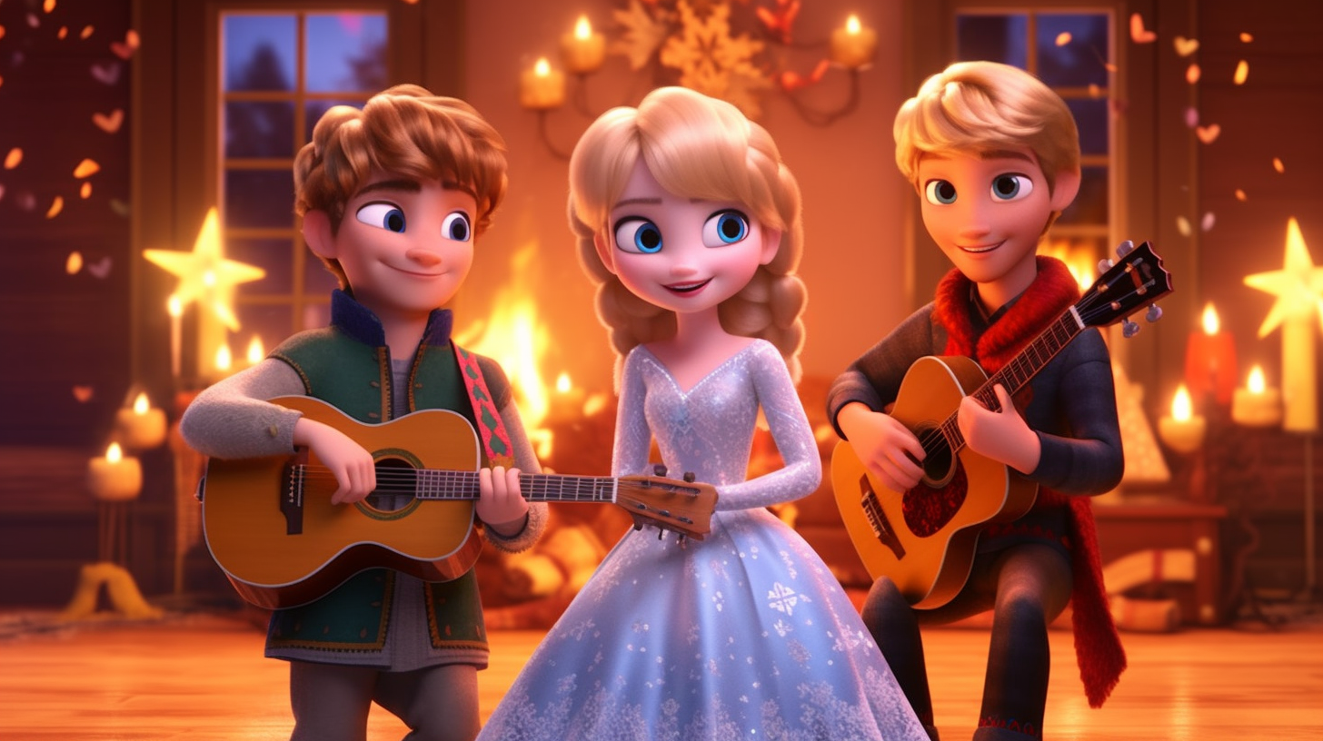 Elsa, Anna, Olaf, Kristoff in Christmas outfits