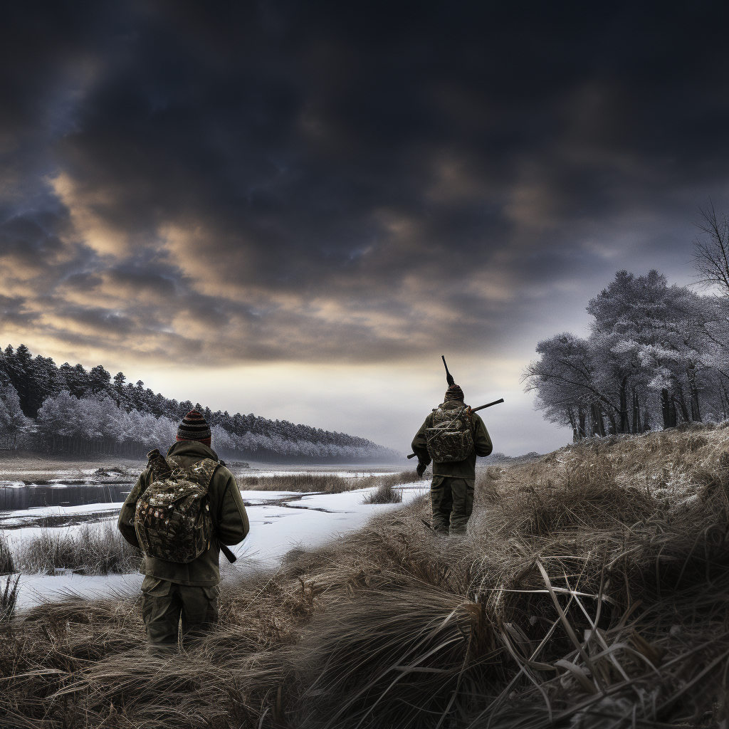 Two hunters near frozen lake in Aveyron