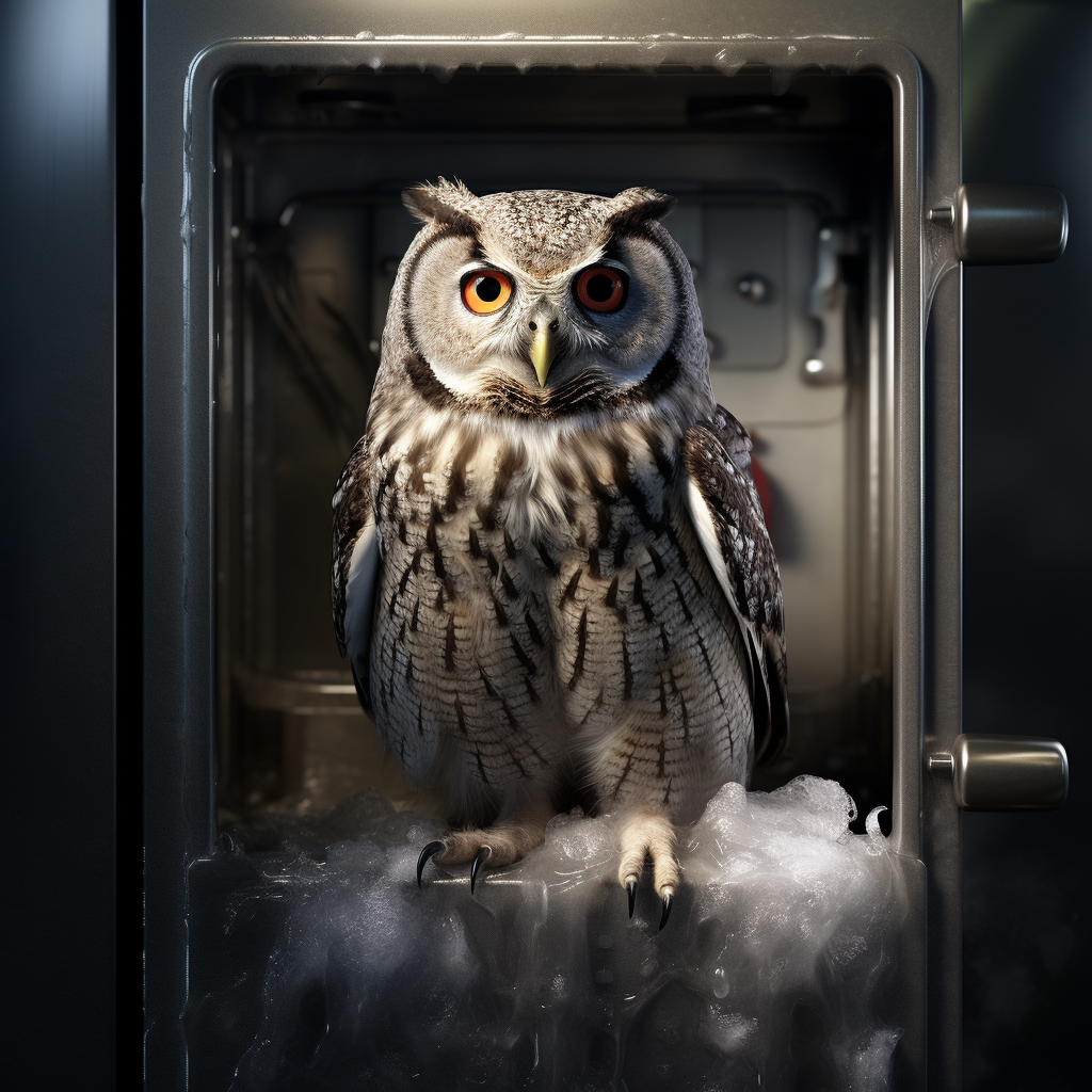 Frozen owl instills fear in running cat