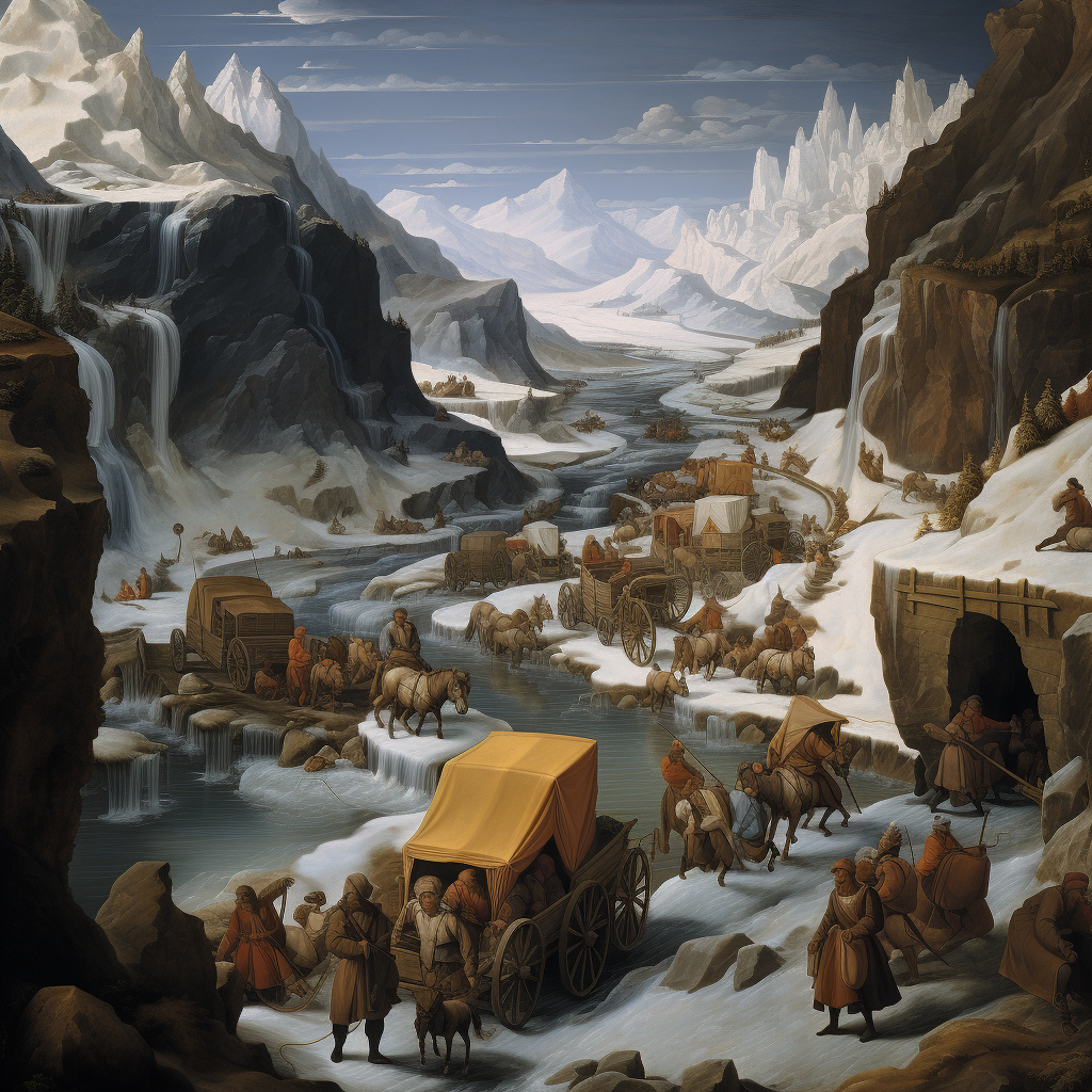 Dwarfs laboring around expedition supplies in frozen valley