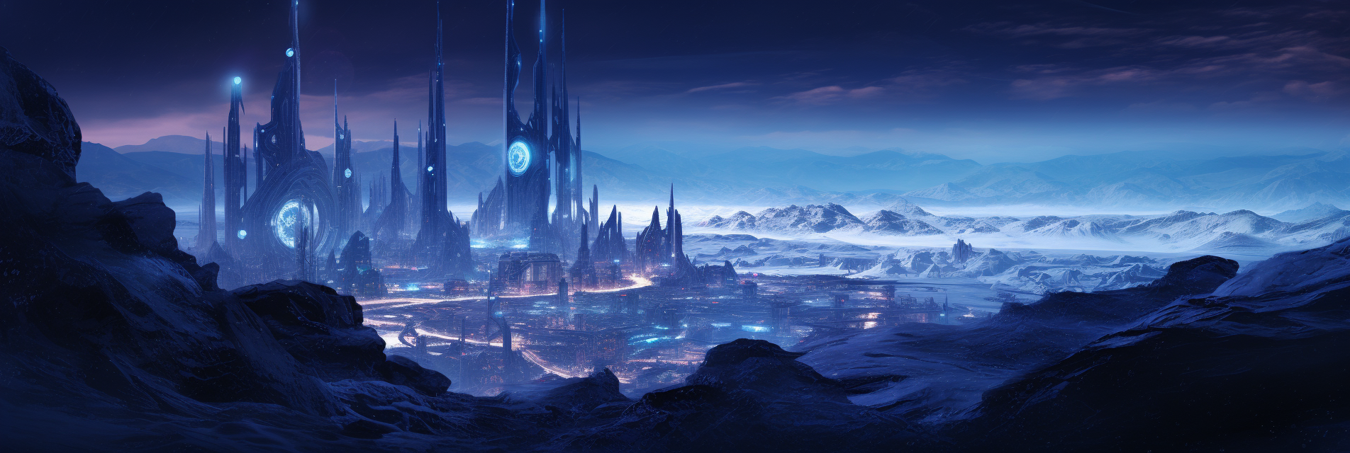 Futuristic city in frozen wasteland