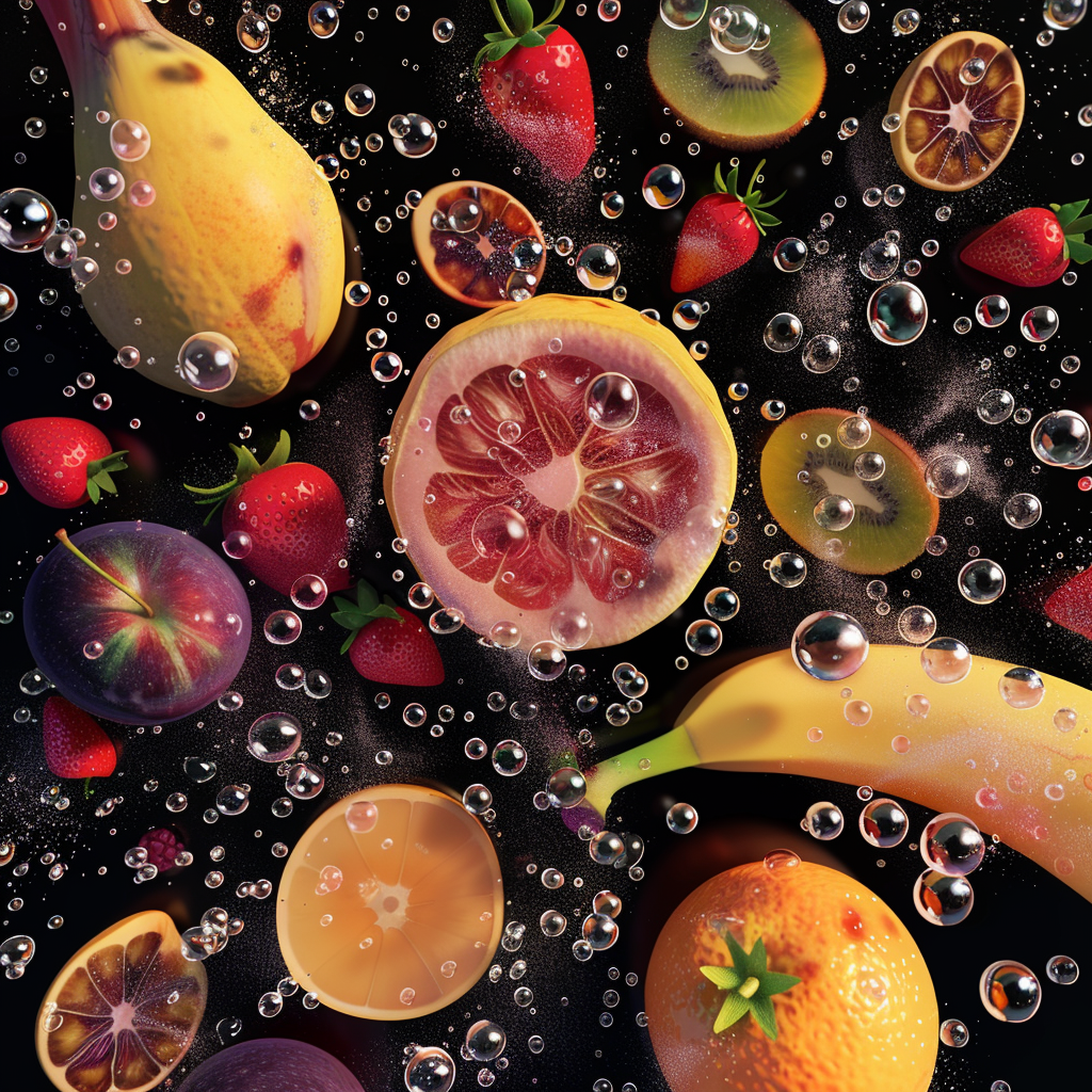 Real fruit bubbles celestial background