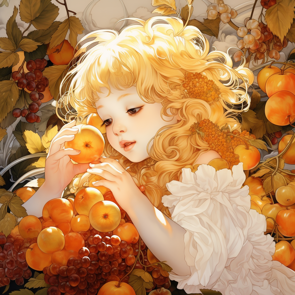 Little girl with wings eating fruit