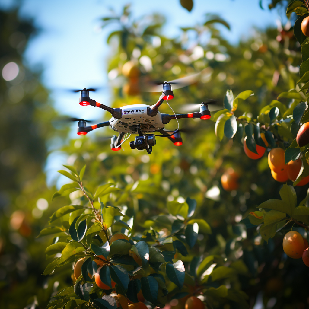 Quadcopter drone picking fruit from a tree