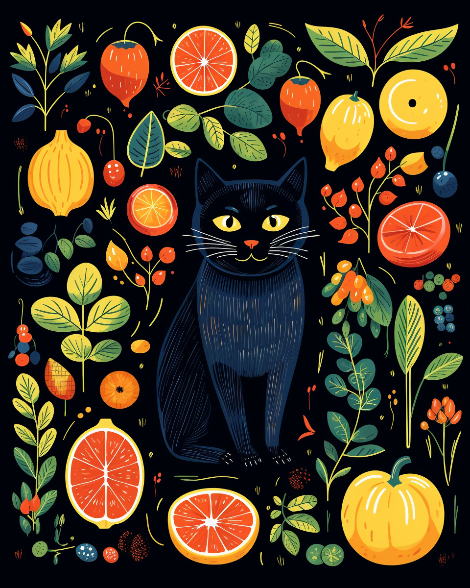 Colorful fruit, plant, and cat illustration