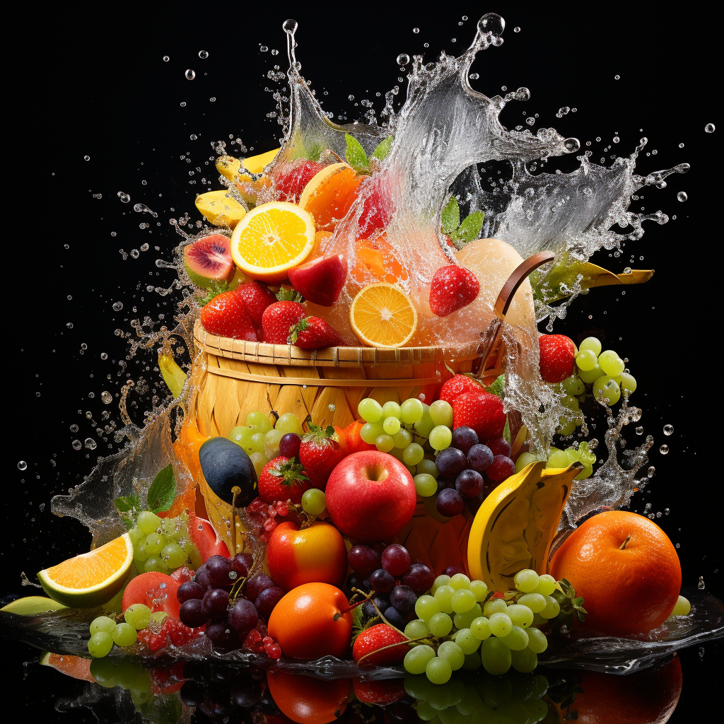 Colorful fruit basket with splashing juice