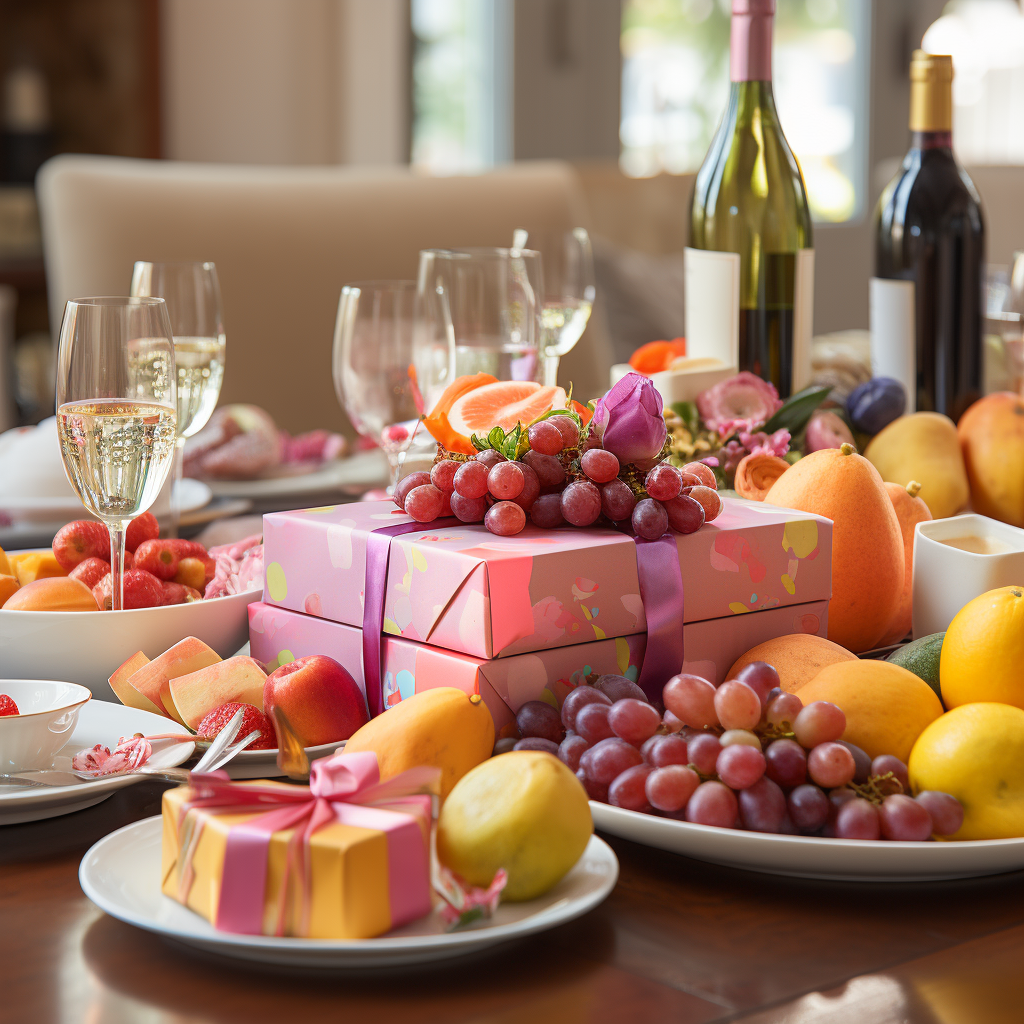 Colorful fruit-themed birthday party table with presents