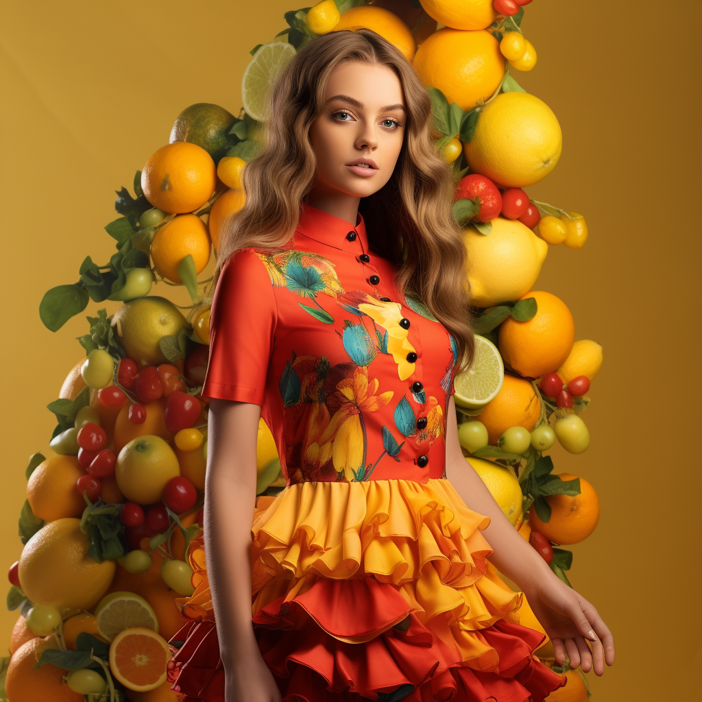 Smiling female model wearing fruit clothes