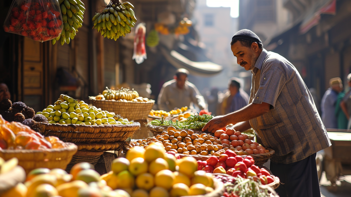 Fruit Shop with People and Baskets