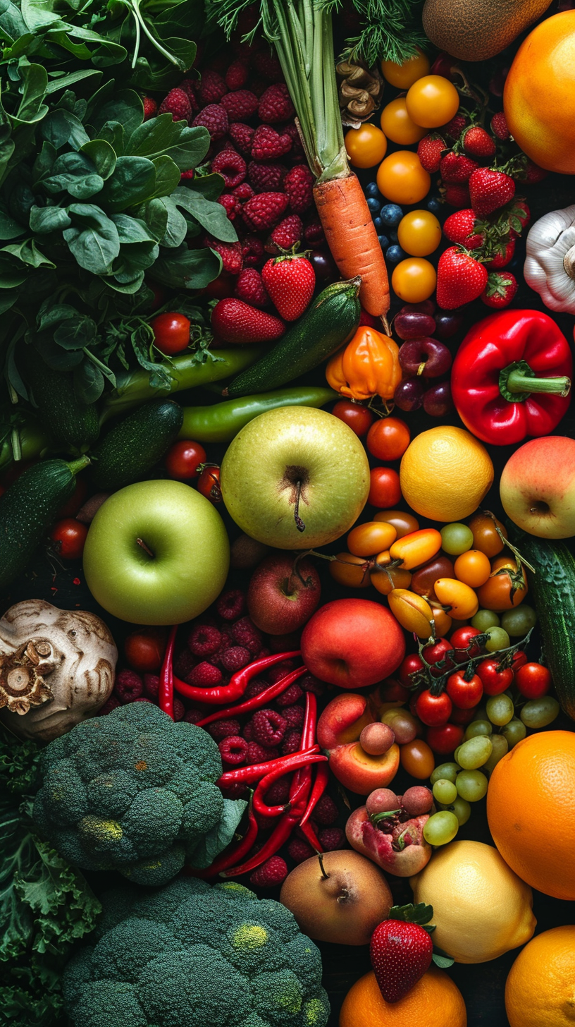 Assorted Fruits and Vegetables on Table