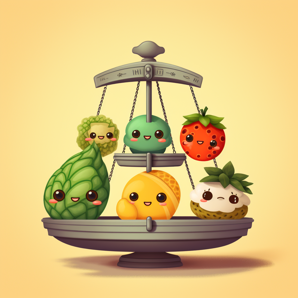 Chibi character using weight scale with fruits and vegetables