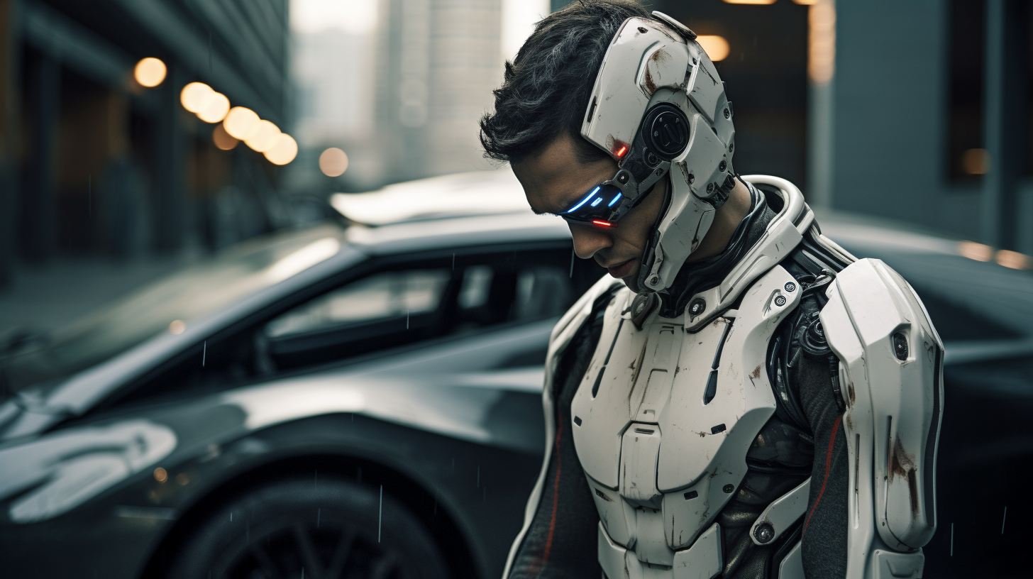 Frustrated cyborg searching for car