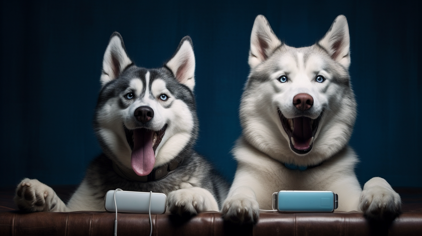 Two husky dogs frustrated with WiFi