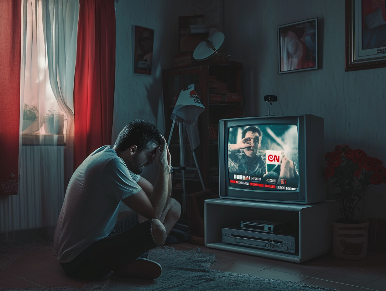 Frustrated man watching TV CNN News