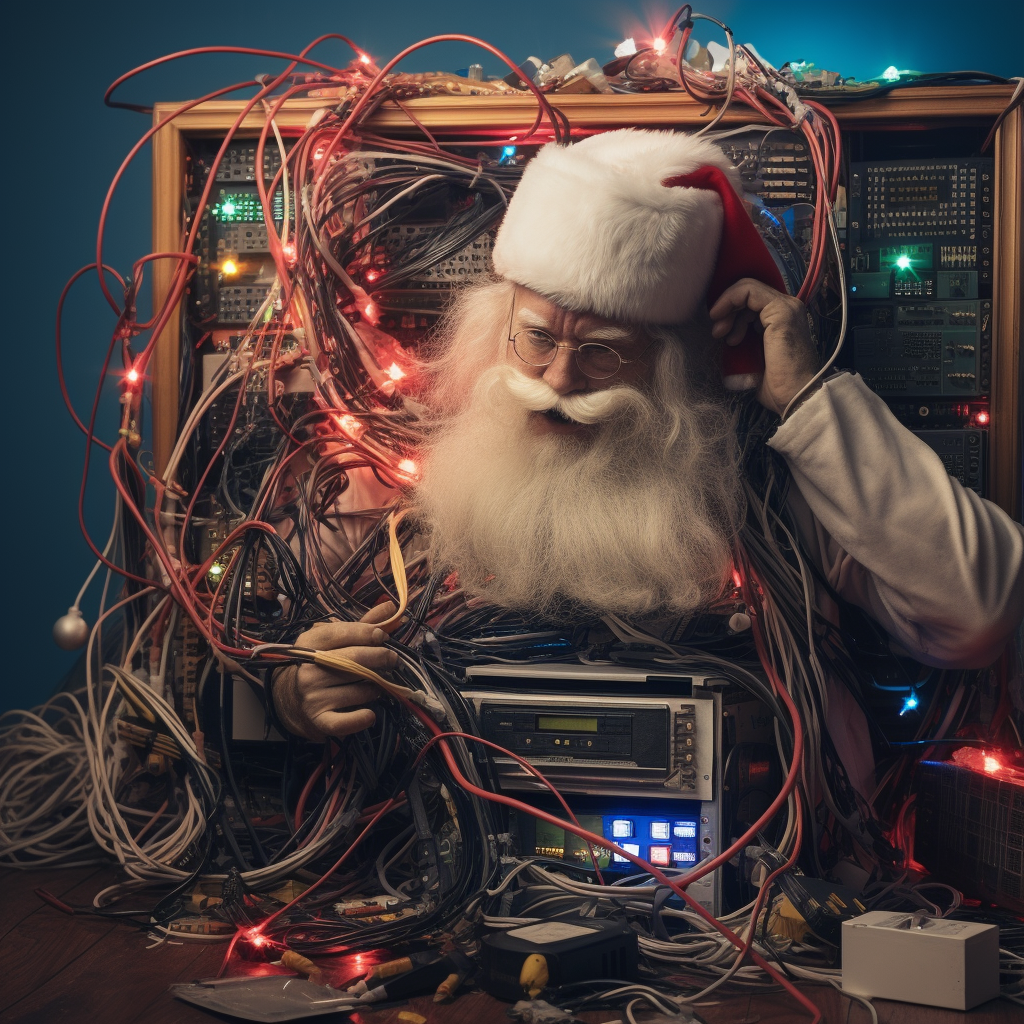 Santa Claus tangled in cables