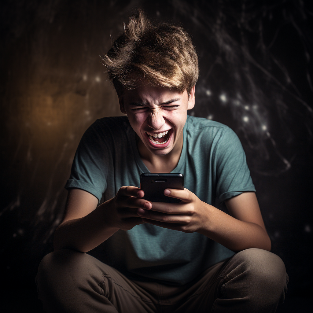 Teenager using cell phone, feeling frustrated and happy