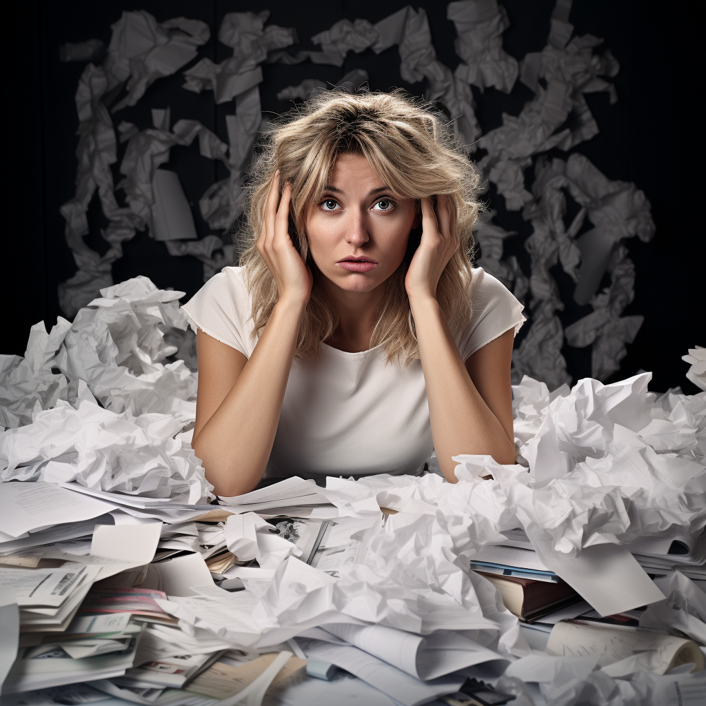 Frustrated author surrounded by crumpled paper