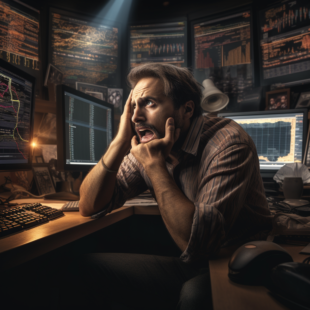 Frustrated day trader working at desk