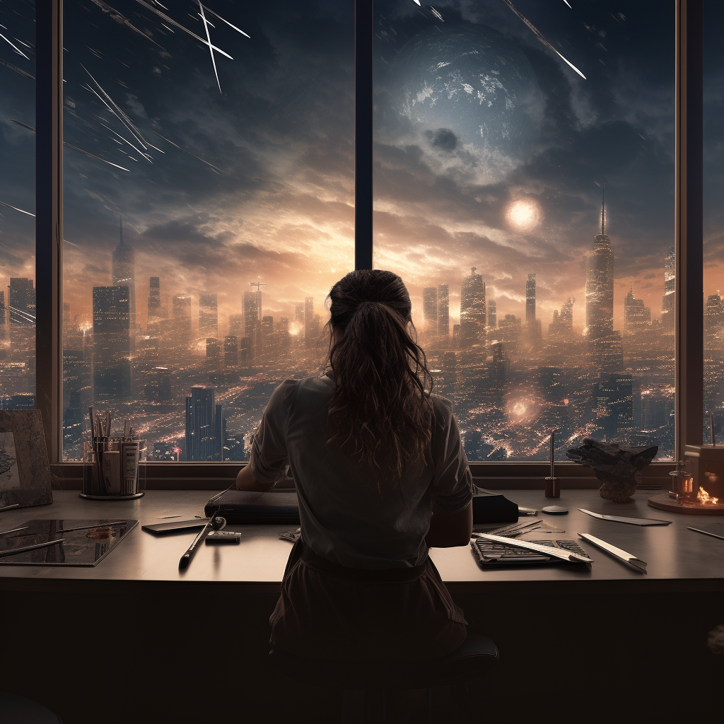Frustrated female employee at office desk with swords outside