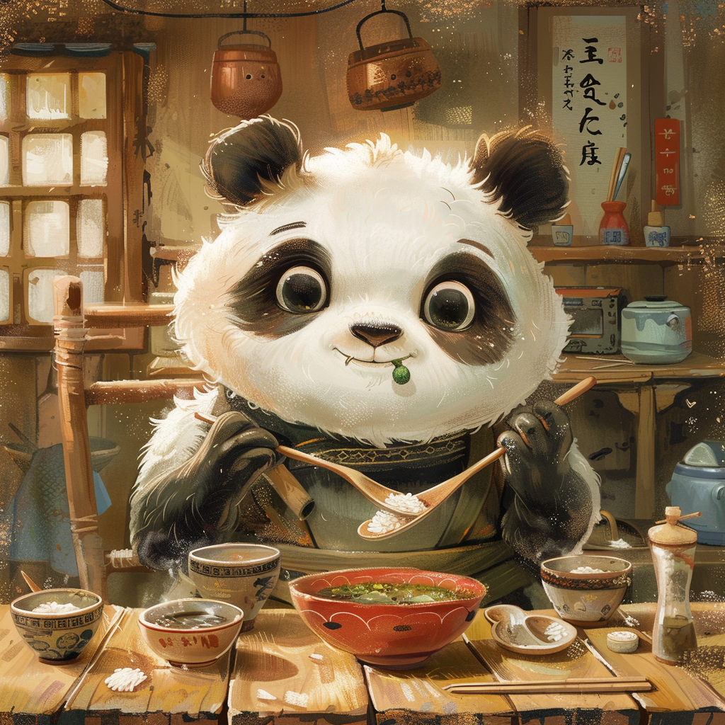 Fu Bao enjoying rice soup