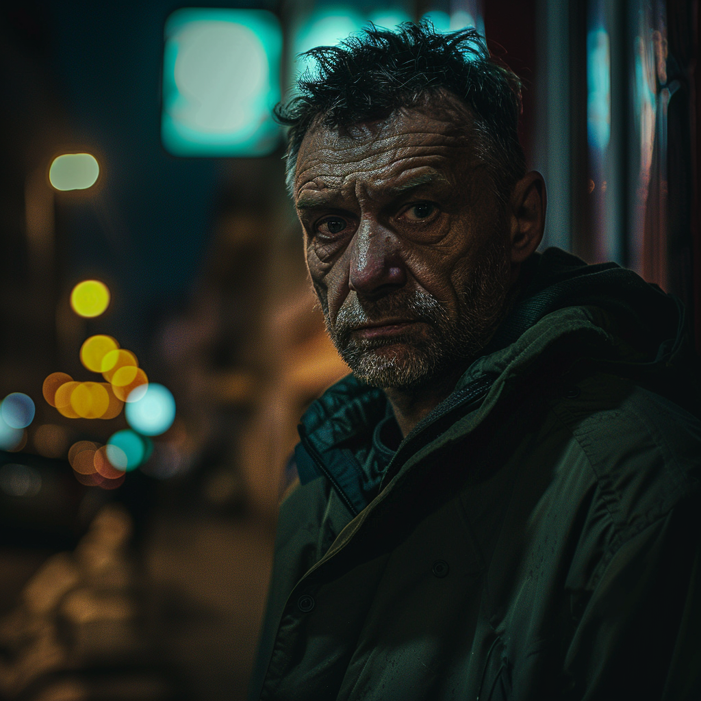 Fugitive man observing street at night