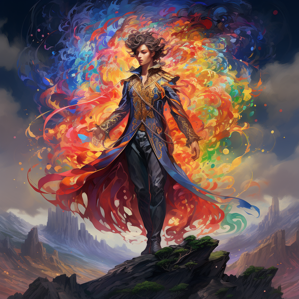 Detailed rainbow mage in dynamic pose