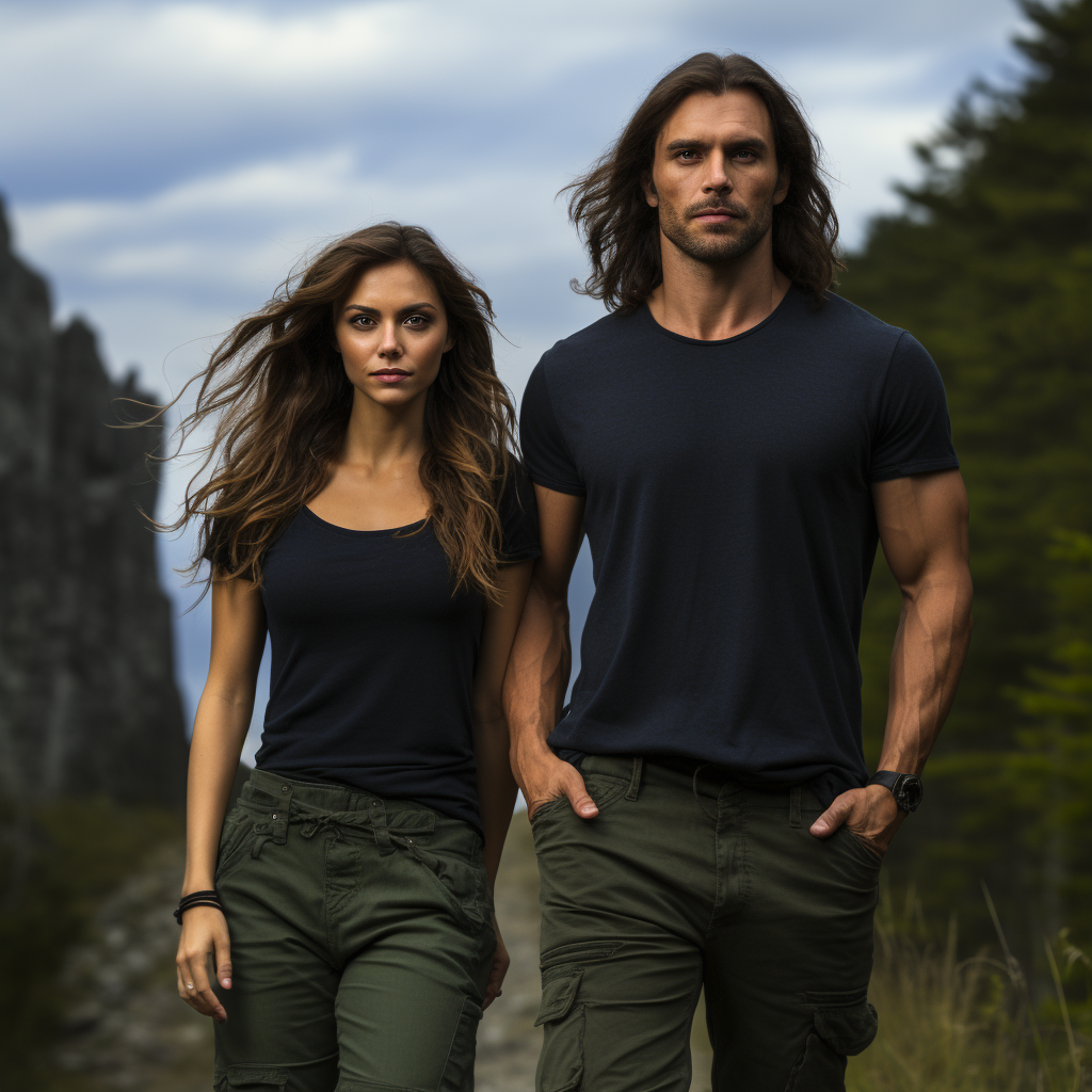 Couple in woods with silky hair