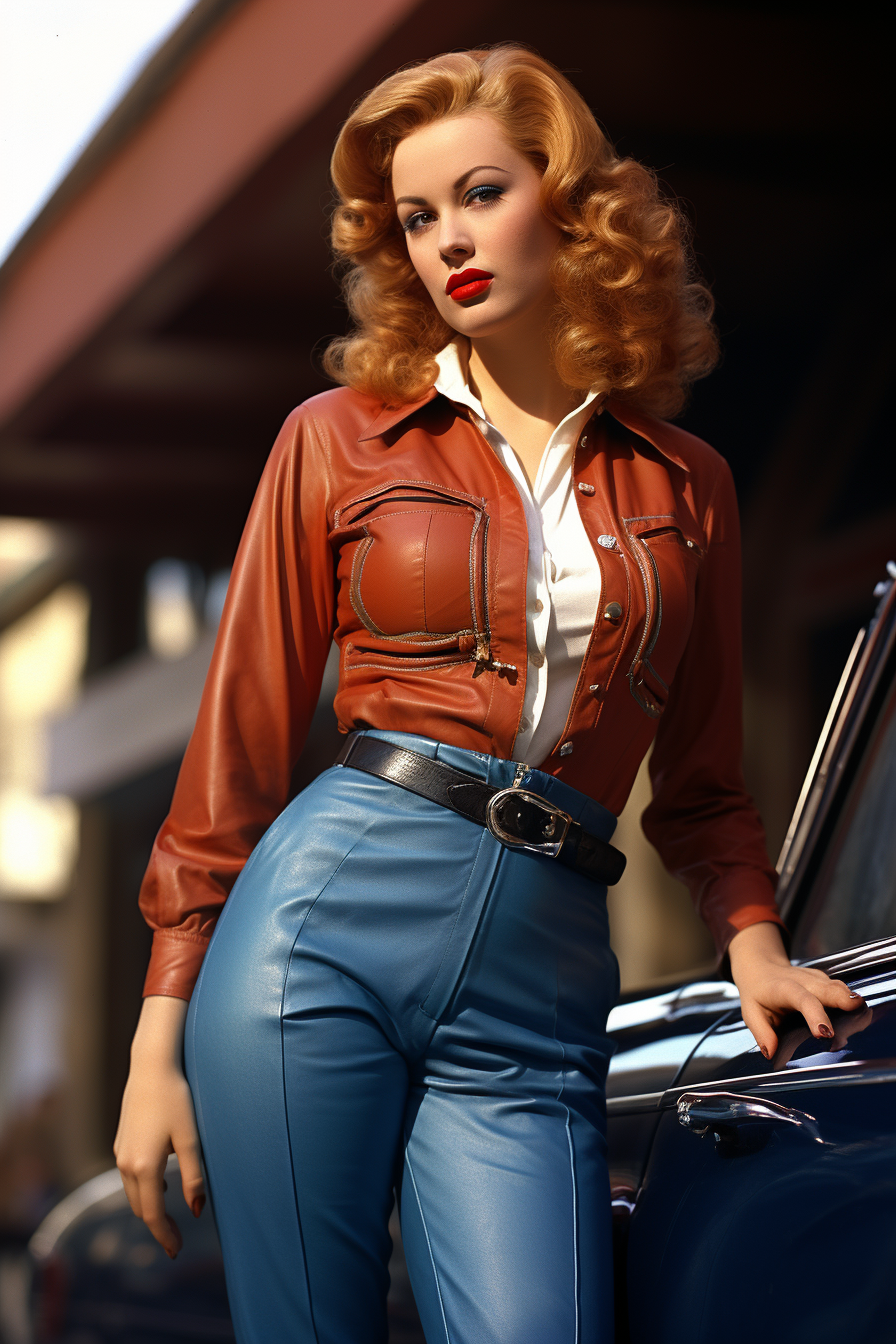 Smiling woman next to car in leather jacket and blue jeans