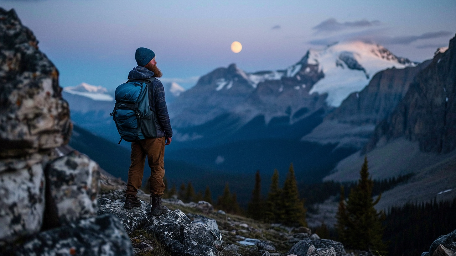 Bearded man watching full moon rise