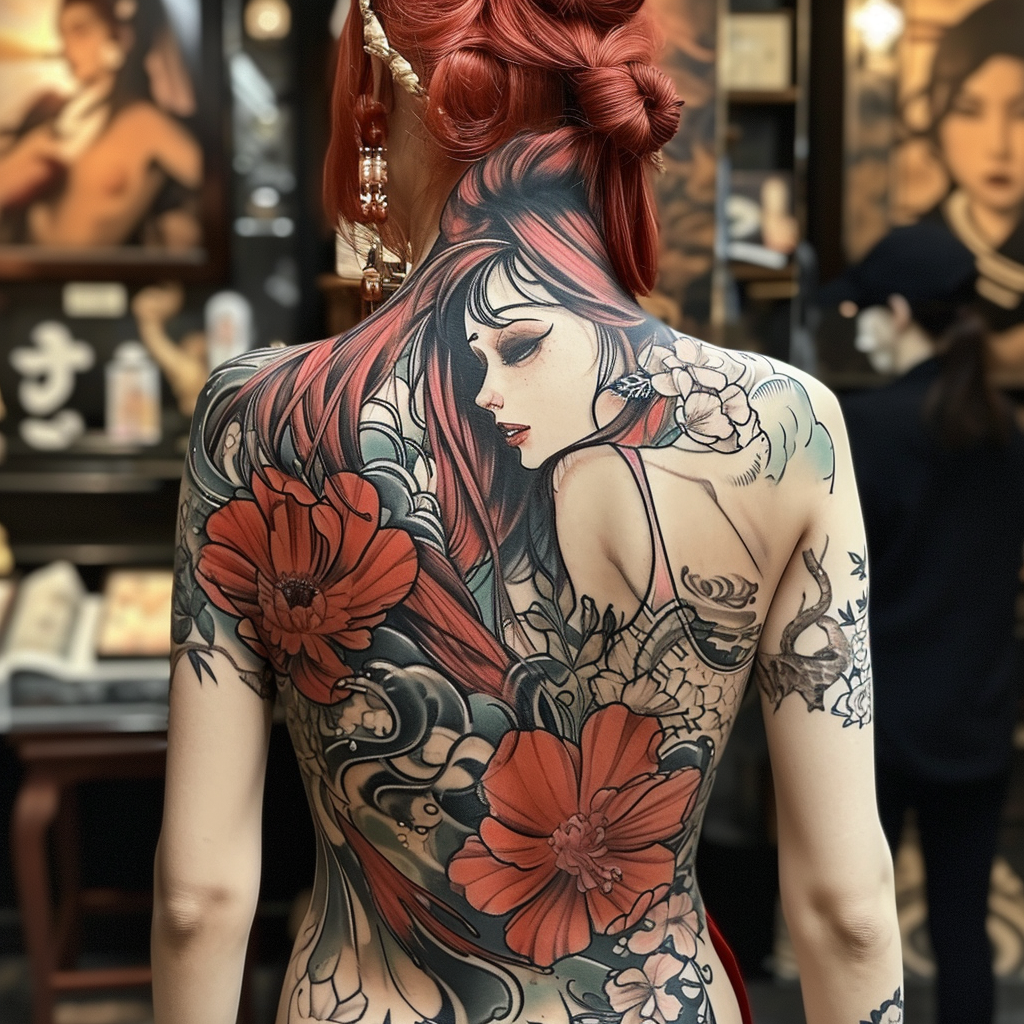 Red haired woman with full body tattoos from behind