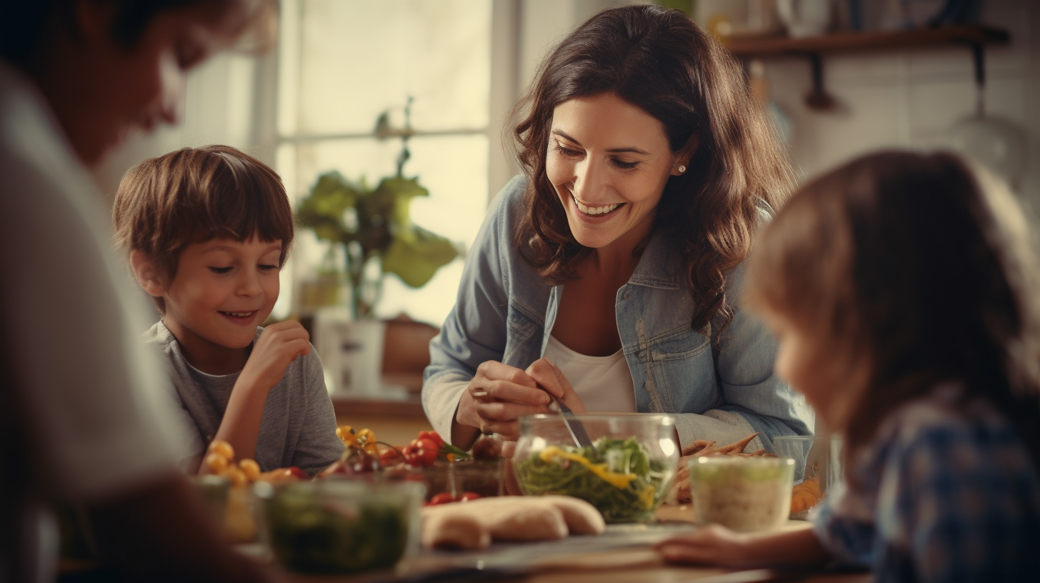 Middle-aged woman cooking happily with her grandchildren