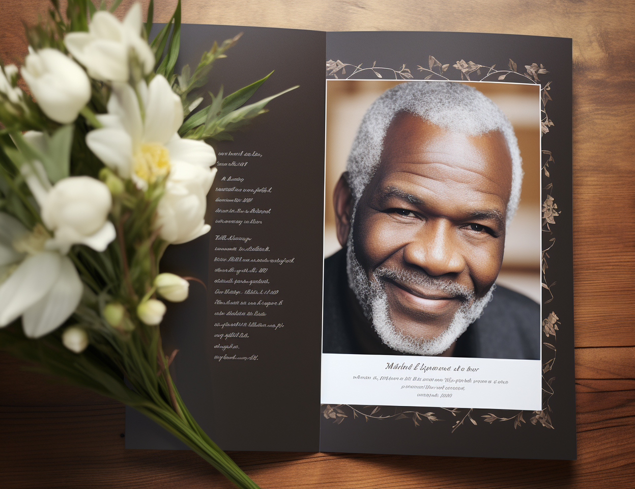 Cinematic lighting photo of an elder Black man on funeral program