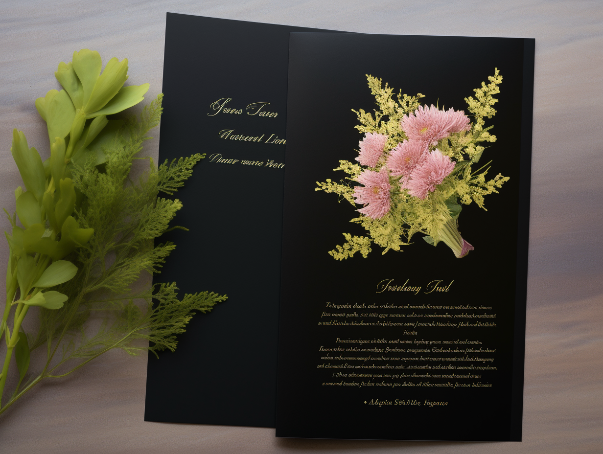 Formal funeral program with dark background and pink Mimosa Pudica flowers