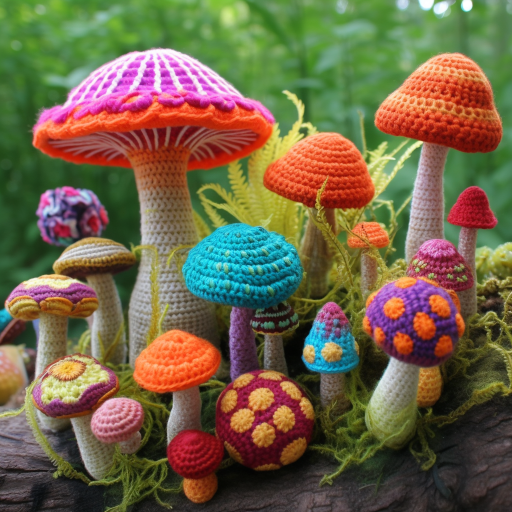 Colorful crochet fungi toy with fancy details