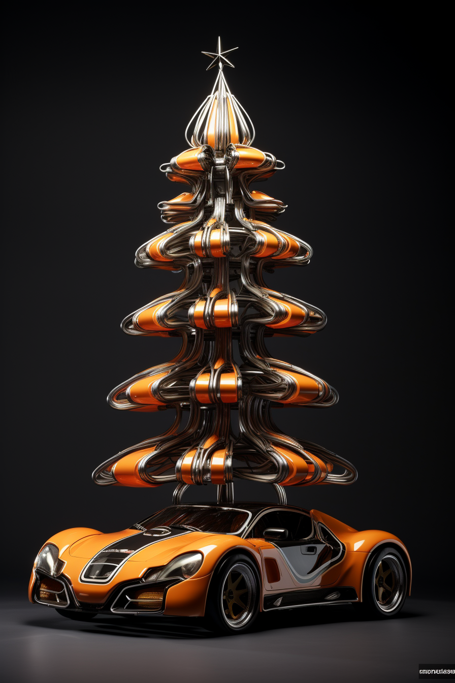 Futuristic cars around funky Christmas tree