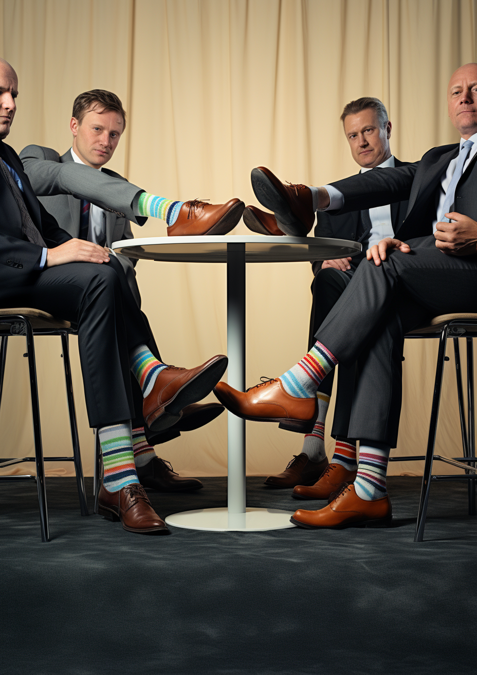 Businessmen with funky socks under round table