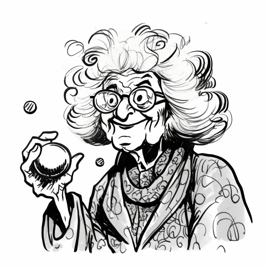 Cartoon drawing of funky old woman with bingo marker