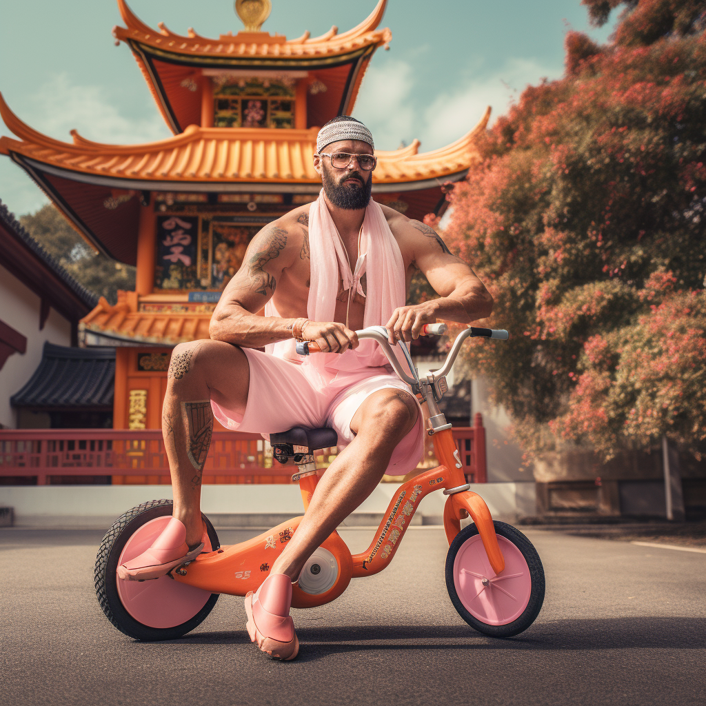 Funny bodybuilder on electric bicycle near Japanese temple