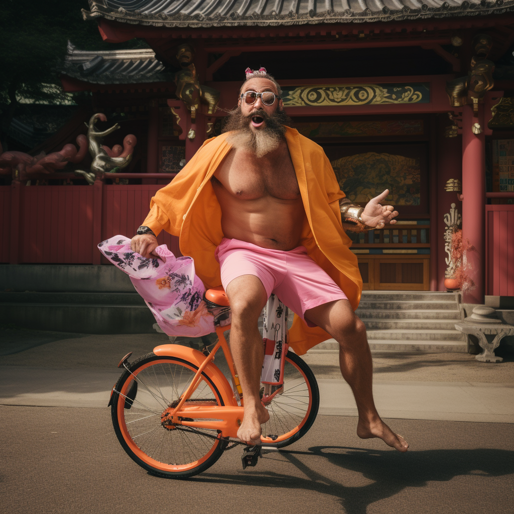 Funny bodybuilder on electric bicycle at Japanese temple