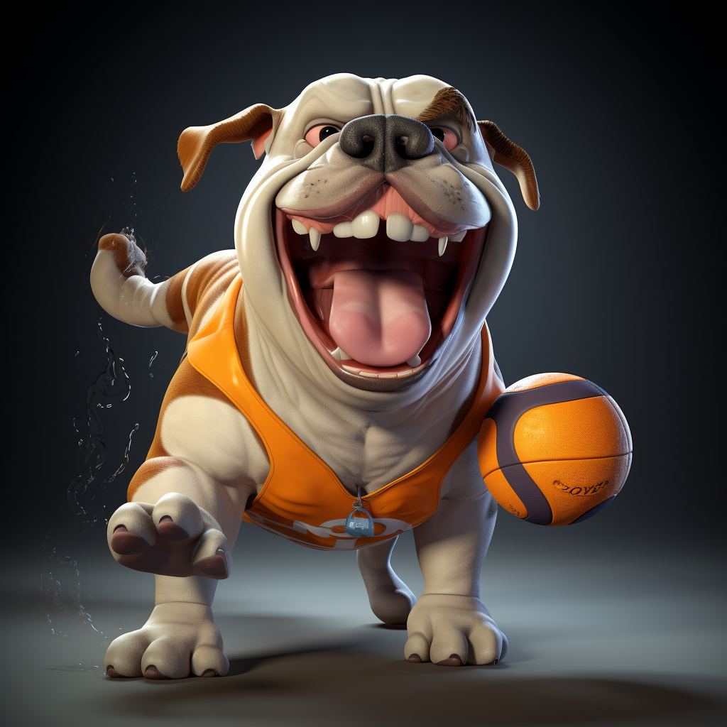 Funny bulldog with volleyball in mouth