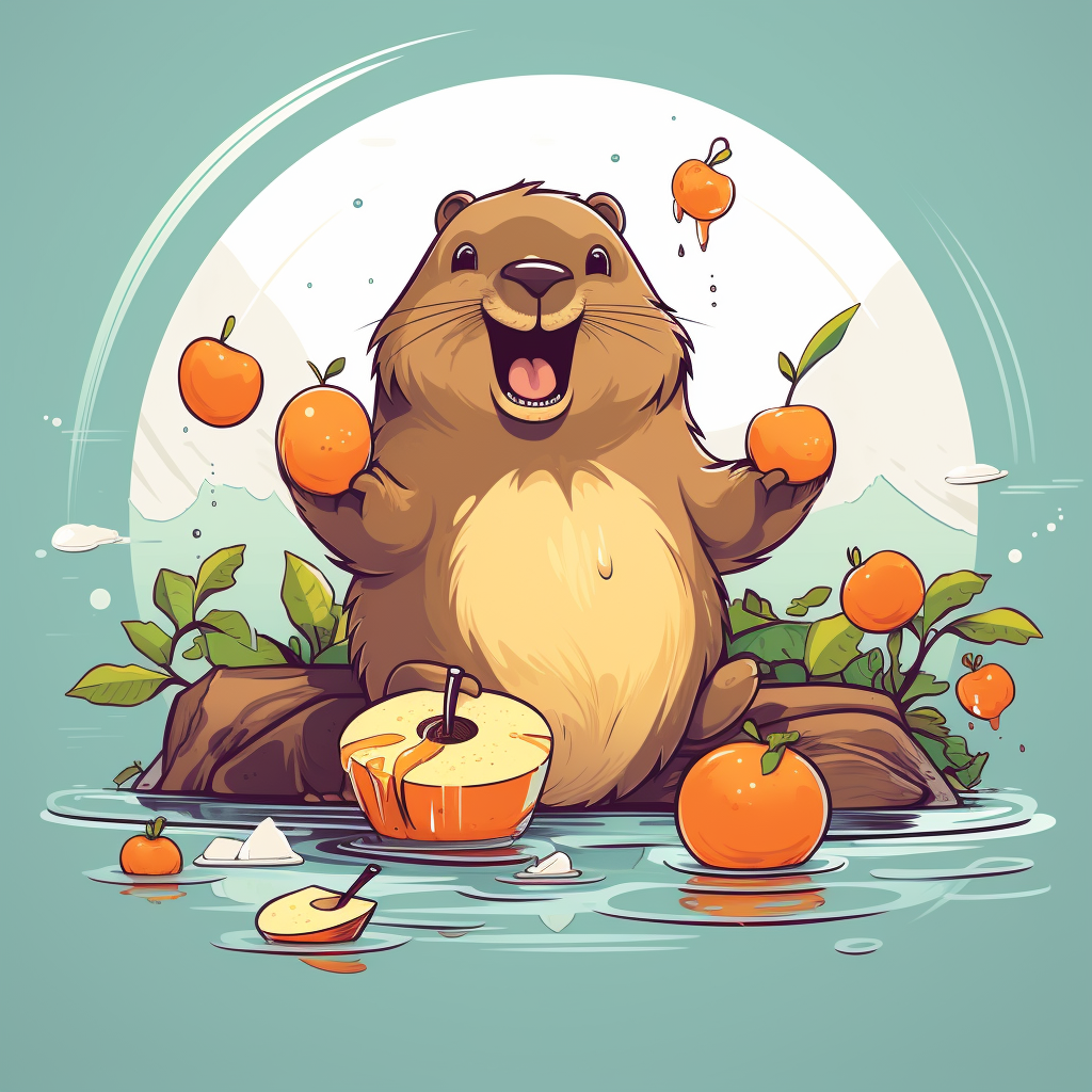 Funny cartoon beaver eating fruit