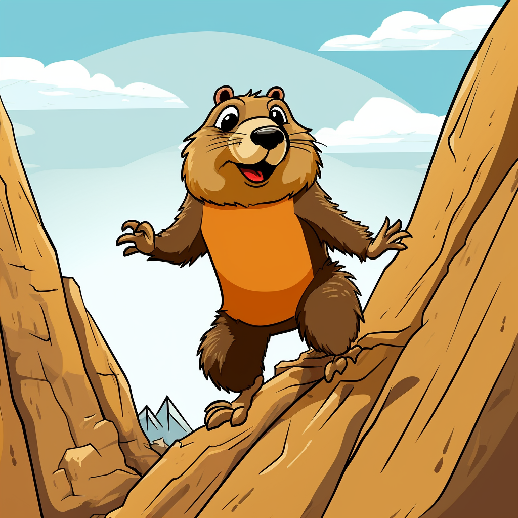 Funny cartoon marmot rock climbing in 70s style