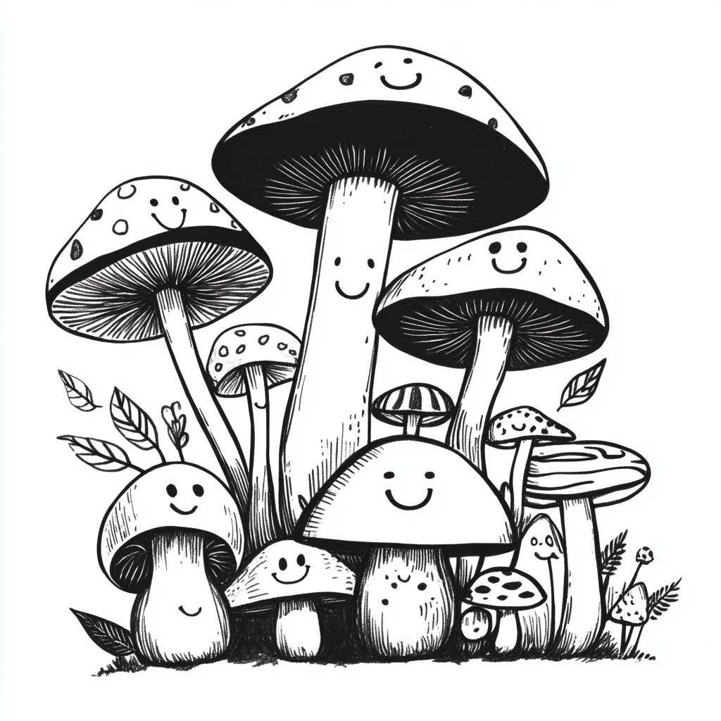 Happy cartoon mushrooms in variety