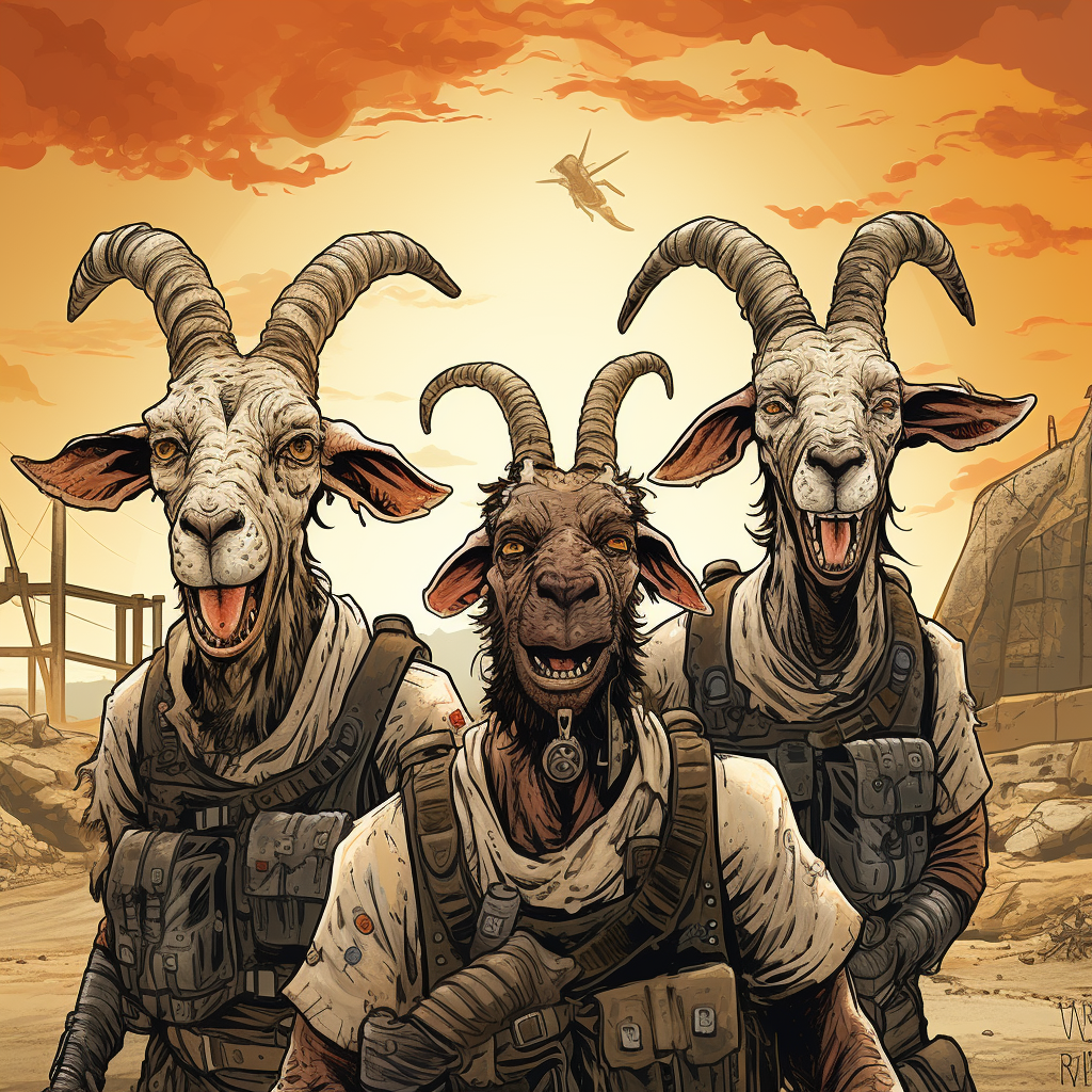 Four Tough Men with Goat Faces in Apocalyptic Background