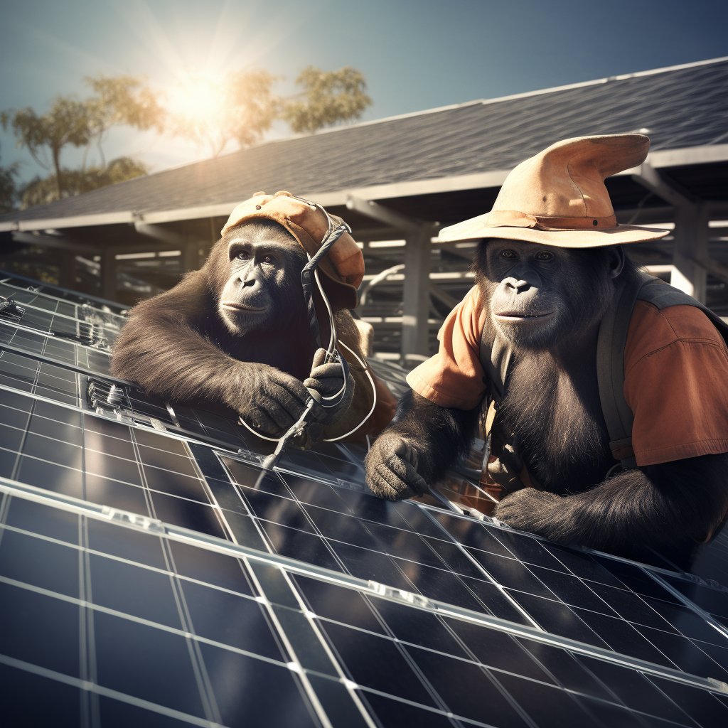 Chimpanzee construction crew installing solar panels