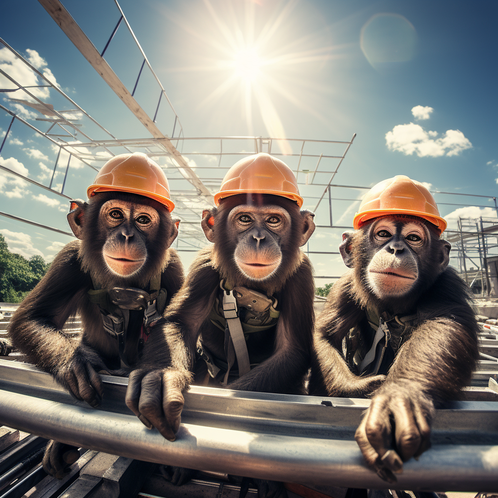 Funny chimpanzees wearing construction hats and vests