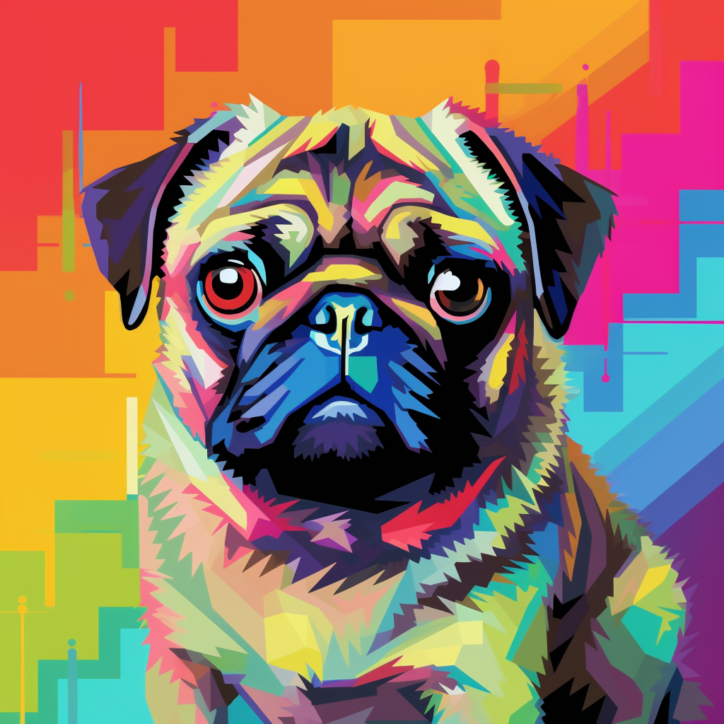 Funny and Colorful Pug in Pixel Dendy Retro Style