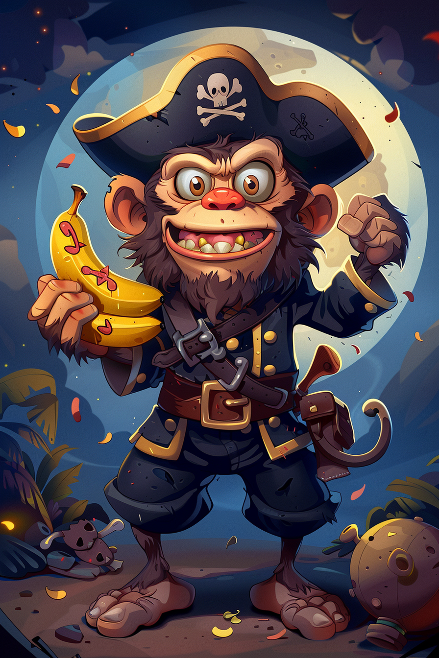 Funny pirate monkey with banana and bomb